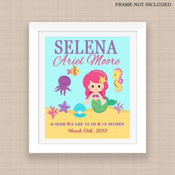 Mermaid Birth Print,Mermaid Birth Announcement,Mermaid Baby Shower ,Mermaid Nursery Decor,Purple Pink Teal Mermaid-PRINT OR CANVAS-Sweet Blooms Decor