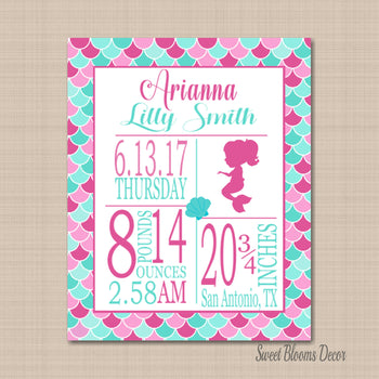 Mermaid Birth Print,Mermaid Birth Announcement,Mermaid Birthday ,Mermaid Nursery Decor,Pink Teal Mermaid Art-PRINT OR CANVAS-Sweet Blooms Decor