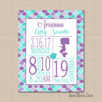 Mermaid Birth Print,Mermaid Birth Announcement,Mermaid Birthday ,Mermaid Nursery Decor,Purple Teal Mermaid Art-PRINT OR CANVAS-Sweet Blooms Decor