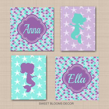 Mermaid Kids Wall Art Purple Teal Mermaid Scales Starfish Name Monogrm Bathroom Decor UNFRAMED C841-Sweet Blooms Decor
