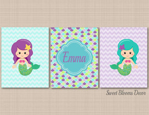Mermaid Nursery Wall Art Purple Teal Mermaids Scales Chevron Girl Bedroom Decor Monogram Name Bathroom Wall Art C340-Sweet Blooms Decor