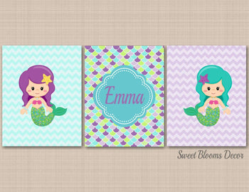 Mermaid Nursery Wall Art Purple Teal Mermaids Scales Chevron Girl Bedroom Decor Monogram Name Bathroom Wall Art C340-Sweet Blooms Decor