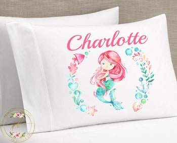 Mermaid Pillowcase Personalized Watercolor Mermaid Pillow Case Bedroom Decor Standard Pillow Case Kids Pillow Girl's Room Decor P103-Sweet Blooms Decor