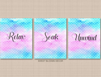 Mermaid Scales Bathroom Wall Art Relax Soak Unwind Watercolor Coral Teal Pink Decor Guest Bathroom PRINTS OR CANVAS C189-Sweet Blooms Decor