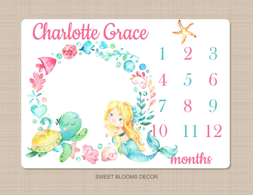 Mermaid Sea Turtle Milestone Blanket Monthly Watercolor Sea Animals Star Fish Ocean Newborn Baby Girl Shower Gift Under The Sea B1129