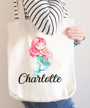 Mermaid Tote Bag Personalized Kids Canvas School Bag Custom Preschool Daycare Toddler Beach Tote Bag Birthday Gift Library-Sweet Blooms Decor