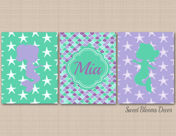 Mermaid Wall Art Girl Bedroom Decor Purple Green Scales Star Fish Name Monogram Bathroom Wall Art Birthday Gift C509-Sweet Blooms Decor