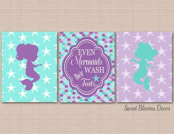 Mermaids Bathroom Wall Art Mermaid Bathroom Decor Purple Teal Aqua Scales Even Mermaids Wash Their Tails UNFRAMED PRINTS or CANVAS B164-Sweet Blooms Decor