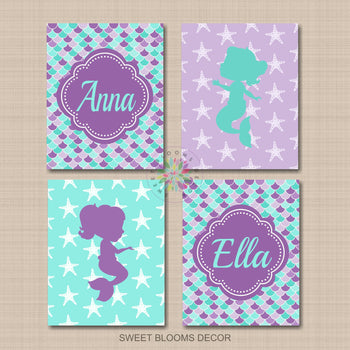 Mermaids Kids Wall Art Purple Teal Mermaid Scales Star Fish Monogram Name Sisters Twins Bedroom Bathroom Decor C841-Sweet Blooms Decor
