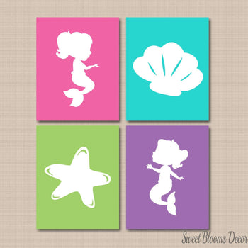 Mermaids Nursery Decor Wall Ar Starfish Seashell Pink Purple Teal Green Twins Sisters Baby Girl Bedroom Decor Bathroom C388-Sweet Blooms Decor