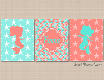Mermaids Nursery Wall Art Coral Teal Aqua Girl Bedroom Decor Mermaid Scales Star Fish Name Monogram Baby Shower Gift C 442-Sweet Blooms Decor