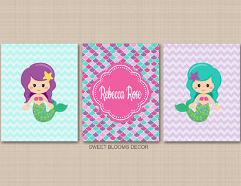 Mermaids Nursery Wall Art Decor Purple Teal Pink Mermaid Scales Chevron Girl Bedroom Name Bathroom Sisters Twins C880-Sweet Blooms Decor