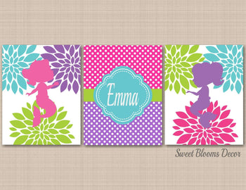 Mermaids Nursery Wall Art Purple Pink Teal Lime Green Floral Flowers Polkadots Name Monogram Girl Bedroom Decor C386-Sweet Blooms Decor