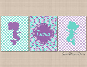Mermaids Nursery Wall Art Purple Teal Aqua Girl Bedroom Decor Scales Polka dots Name Monogram Girl BEdroom Decor Twins C341-Sweet Blooms Decor