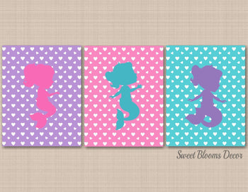 Mermaids Nursery Wall Art Purple Teal Pink Hearts Girl Bedroom Decor Bathroom Wall Art Sisters Twins UNFRAMED C195-Sweet Blooms Decor
