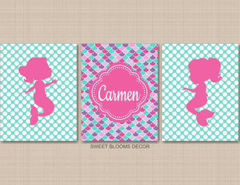 Mermaids Scales Nursery Wall Art Pink Teal Girl Name Bedroom Decor C910