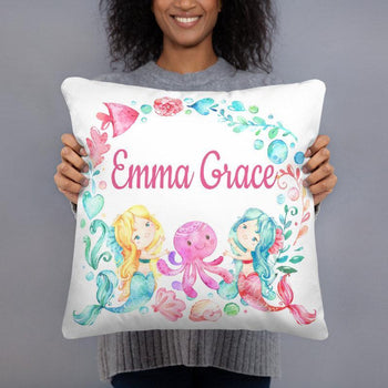 Mermaids Throw Pillow Sea Animals Under The Sea Watercolor Baby Girl Bedroom Decor Cushion Name Monogram Bedding Nursery Sisters Twins 195-Sweet Blooms Decor