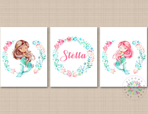 Mermaids Wall Art Mermaid Name Room Decor Bathroom Decor Teal Aqau Pink Watercolor Mermaid Nursery Girl Bedroom 758-Sweet Blooms Decor