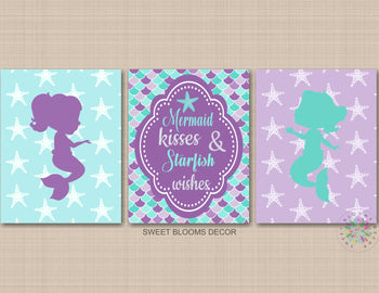 Mermaids Wall Art Mermaid Nursery Decor Mermaid Kisses Starfish Wishes Purple Teal Aqua Scales Mermaid Bathroom Decor C549-Sweet Blooms Decor