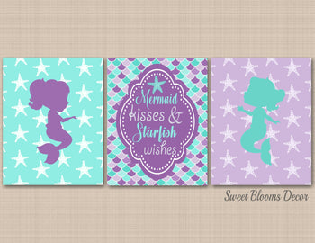 Mermaids Wall Art Nursery Decor Mermaid Kisses Starfish Wishes Purple Teal Aqau Scales Girl Bedroom Decor Bathroom C549-Sweet Blooms Decor