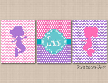 Mermaids Wall Art Pink Purple Teal Mermaid Kids Bedroom Decor Chevrom Monogram Nursery Decor Twins Sisters UNFRAMED C387-Sweet Blooms Decor