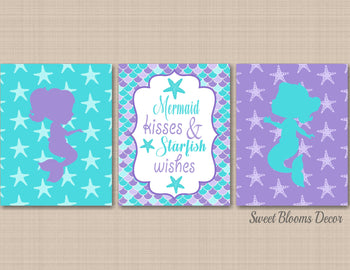 Mermaids Wall Art Purple Teal Scales Girl bedroom Decor Mermaid Kisses Starfish Wishes Mermaid Scales Bathroom Decor C567-Sweet Blooms Decor