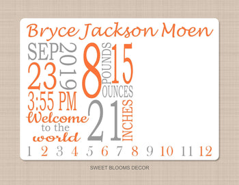 Milestone Blanket Baby Boy Girl Birth Announcement Stats Monthly Growth Tracker Personalized Newborn Orange Gray Nursery Shower Gift B972