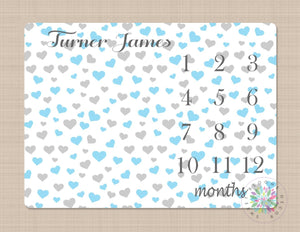 Milestone Blanket Baby Boy Hearts Blue Gray Monthly Growth Tracker Blue Gray Hearts Baby Boy Blanket Name New Baby Shower Gift Bedding B292