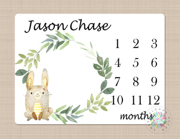 Milestone Blanket Baby Bunny Boy Girl Personalized Blanket Monthly Growth Tracker Woodland Animals Newborn Photo Prop Baby Shower Gift 598