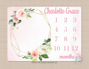 Milestone Blanket Baby Girl Floral Wreath Coral Pink Blush Floral Personalized Newborn Baby Watercolor Roses Flowers Baby Shower Gift B694