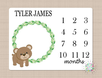 Milestone Blanket Bear Baby Blanket Woodland Bear Monthly Growth Tracker Woodland Forrest Blanket Newborn Baby Boy Blanket Baby Gift B196-Sweet Blooms Decor