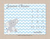 Milestone Blanket Boy Elephant Baby Blue Gray Personalized Monthly Blanket Chevron Nursery Decor Baby Shower Gift Growth Tracker B759