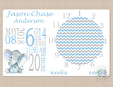 Milestone Blanket Boy Elephant Blue Gray Chevron Monthly Blanket Baby Boy Photo Prop Personalized Baby Shower Gift Birth Stats Navy B679-Sweet Blooms Decor