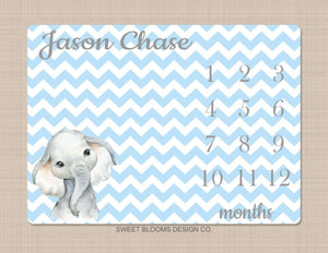 Milestone Blanket Boy Elephant Blue Gray Personalized Monthly Blanket Chevron Nursery Decor Baby Shower Gift Growth Tracker B780