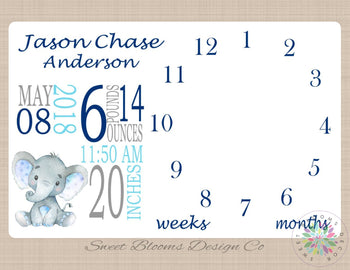 Milestone Blanket Boy Elephant Monthly Baby Blanket Elephant Milestone Blanket Boy Photo Prop Personalized Baby Shower Gift Navy Blue B222-Sweet Blooms Decor