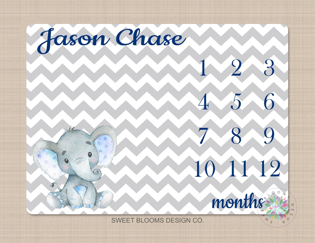 Milestone Blanket Boy Elephant Navy Blue Gray Personalized Monthly Blanket Chevron Nursery Decor Baby Shower Gift Growth Tracker B757