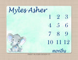 Milestone Blanket Boy Elephant Navy Green Gray Watercolor Personalized Baby Boy Nursery Decor Baby Shower Gift Monthly Growth Tracker B806