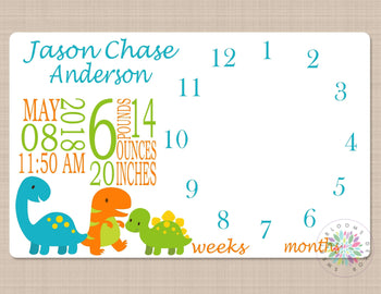 Milestone Blanket Boy Girl Dinosaurs Monthly Growth Tracker Baby Blanket Photo Prop Personalized Baby Shower Gift Green Teal Orange B649-Sweet Blooms Decor