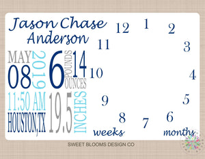 Milestone Blanket Boy Monthly Growth Tracker Navy Blue Gray Baby Blanket Photo Prop Personalized Girl Baby Shower Gift Navy B788