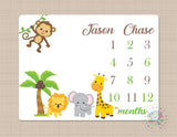 Milestone Blanket Boy Safari Animals Baby Blanket Jungle Monthly Growth Tracker Personalized Blanket Animals Newborn Baby Shower Gift B354