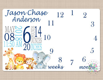Milestone Blanket Boy Safari Animals Monthly Baby Blanket Elephant Photo Prop Personalized Baby Shower Gift Navy Blue Gray B636-Sweet Blooms Decor