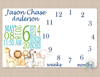 Milestone Blanket Boy Safari Animals Monthly Baby Blanket Elephant Photo Prop Personalized Baby Shower Gift Navy Blue Green Teal B635-Sweet Blooms Decor