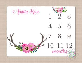 Milestone Blanket Deer Antler Baby Girl Pink Flowers Monthly Growth Tracker Floral Deer Blanket Newborn Baby Shower Gift Nursery Decor B149