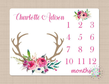 Milestone Blanket Deer Antler Girl  Pink Flowers Monthly Growth Tracker Floral Deer Boho Newborn Baby Girl Floral Baby Shower Gift B380