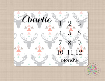 Milestone Blanket Deer Antlers Baby Blanket Boy Girl Monthly Growth Tracker Coral Gray Deer Head Blanket Newborn Baby Shower Gift B209