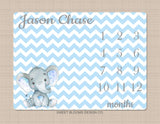 Milestone Blanket Elephant Baby Boy Blue Gray Personalized Monthly Blanket Chevron Nursery Decor Baby Shower Gift Growth Tracker B758