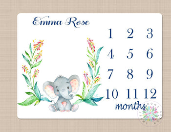 Milestone Blanket Elephant Baby Boy Girl Monthly Growth Tracker GFloral Wreath Animals Tracking Girl Elephants Nursery Decor Floral B134