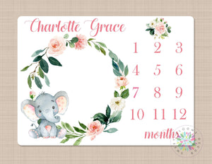 Milestone Blanket Elephant Girl Coral Pink Blush Floral Personalized Newborn Baby Girl Watercolor Wreath Flowers Baby Shower Gift B667