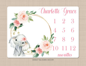 Milestone Blanket Elephant Girl Floral Coral Blush Pink Flowers B1079
