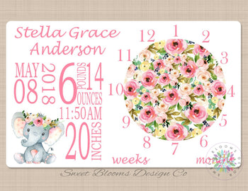 Milestone Blanket Elephant Monthly Blanket Personalized Baby Girl Floral Growth Tracker Birth Announcement Birth Stats Baby Shower Gift B472-Sweet Blooms Decor